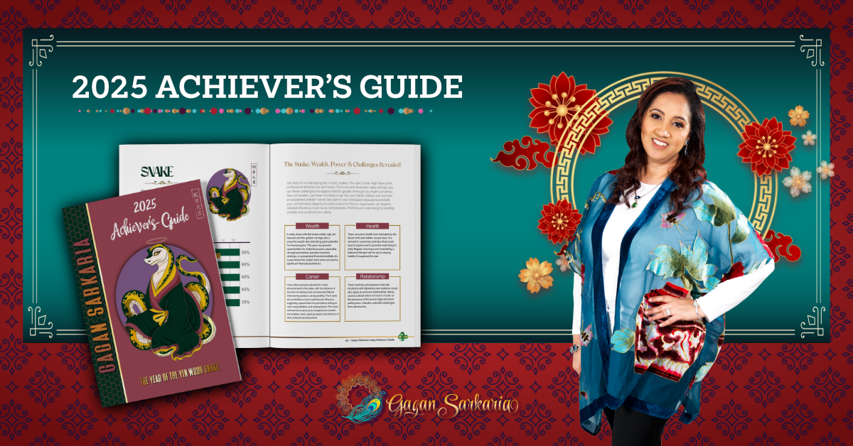 Image of the 2025 Achiever's Guide book, featuring a decorative dragon symbolizing the 2024 Wood Dragon Year and a woman standing beside it. The background is ornate, adorned with rich red floral accents.