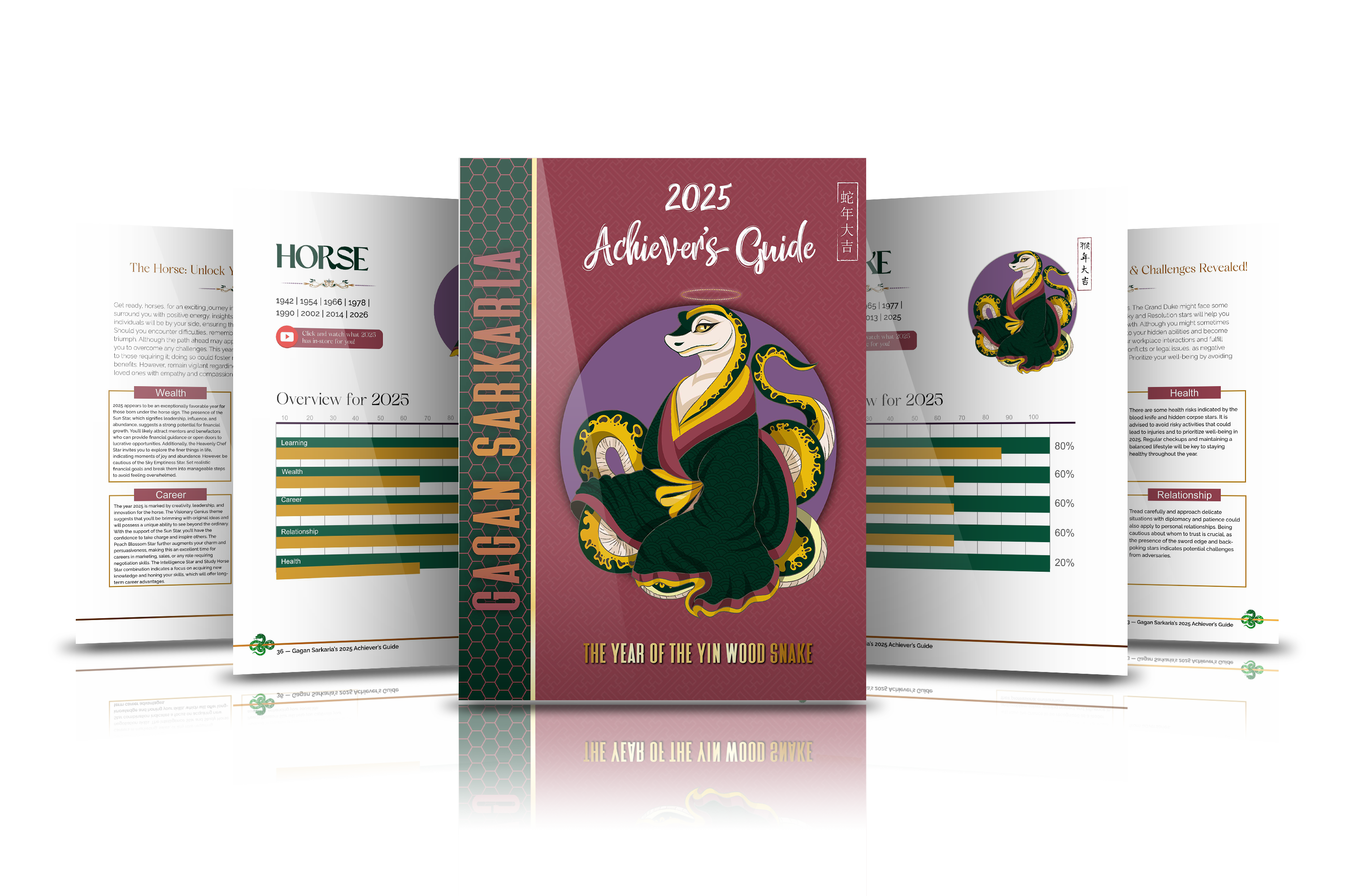 A 2025 Achiever's Guide with a snake illustration on the cover draws inspiration from the 2024 Wood Dragon Year. Pages display insightful charts and text.